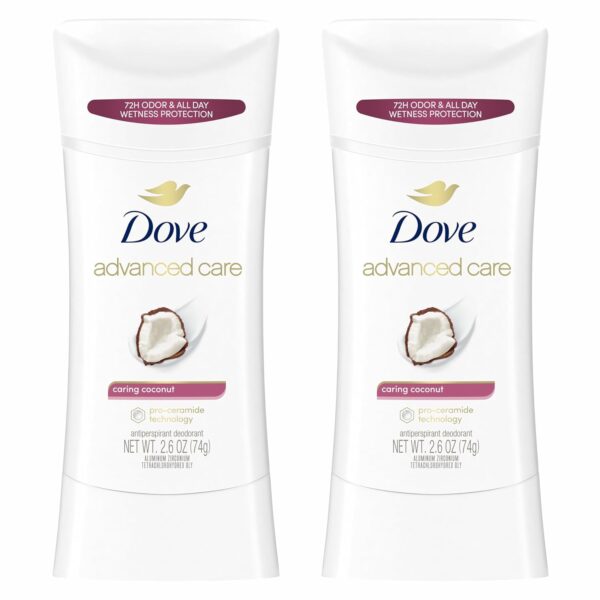 Dove Advanced Care Antiperspirant Caring Coconut: 2-count deodorant stick for women, 48-hour protection, 2.6 oz.