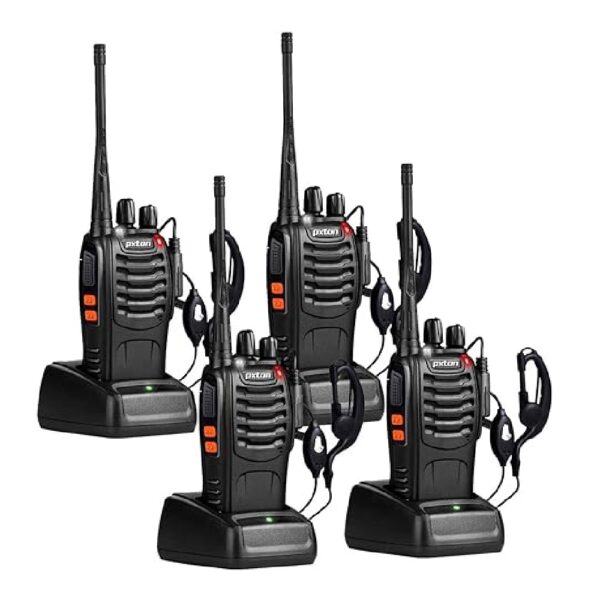 Walkie Talkies: Long-range, 16 channels, rechargeable with earpieces, flashlight, Li-ion battery, and charger, 4-Pack