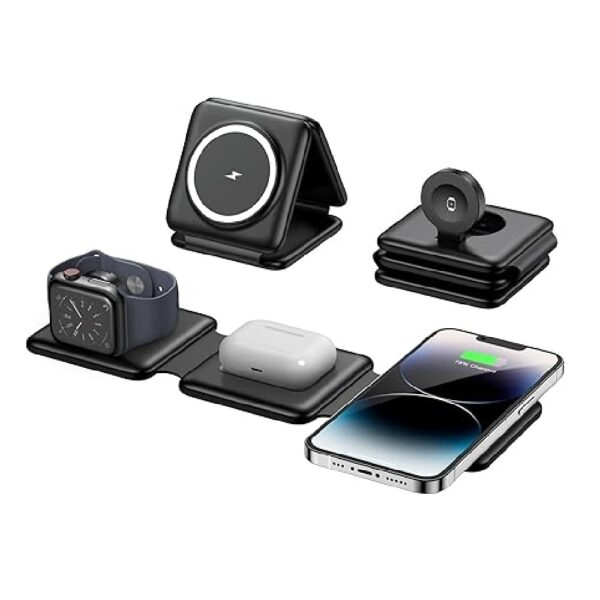 Foldable Magnetic Charging Station 3-in-1: Wireless charger for iPhone 16/15/14/13/12, Apple Watch, Air Pods. Travel-friendly design.