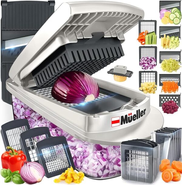 Mueller Pro-Series 10-in-1 Vegetable Chopper with 8 blades, container, and holder for efficient chopping, slicing, dicing, and more.