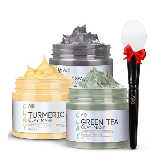 ANAI RUI Turmeric Clay Mask - Green Tea Clay Mask - Dead Sea Minerals Mud Mask, Spa Facial Mask Set, Face Mask Gift Set 2.5 oz each - Image 2